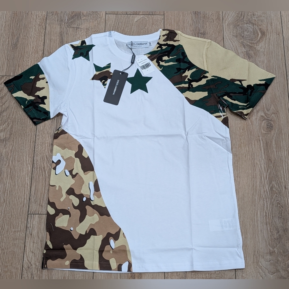 $830 Mens Dolce Gabbana Star & Camo Panel Logo T-Shirt White Small